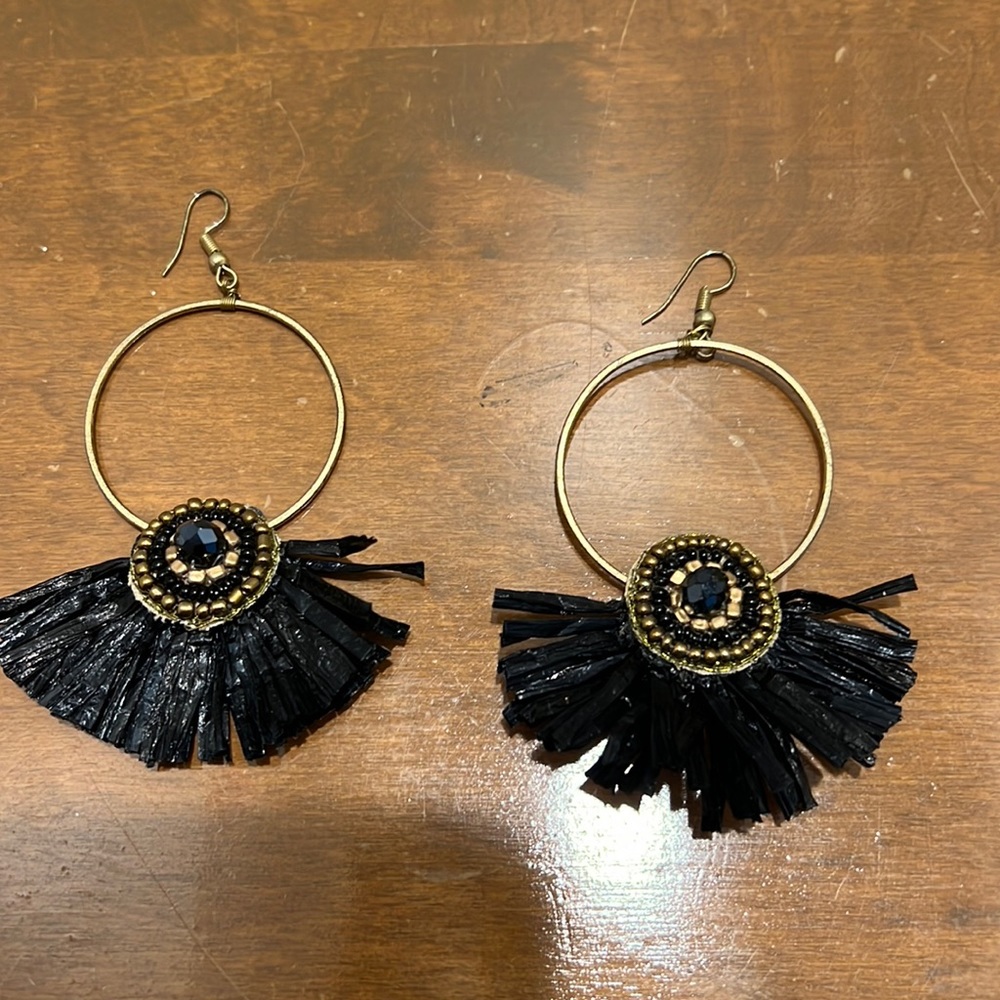 Black fringe hoop earrings